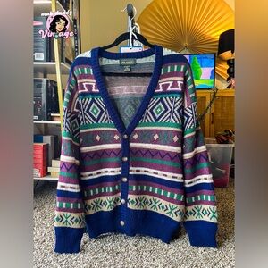 Vintage Neil Martin geometric patterned, multi-colored knitted cardigan sweater